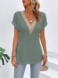 Slit Eyelet V-Neck Short Sleeve Blouse Trandify deal