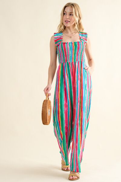 Full Size Striped Smocked Sleeveless Jumpsuit Trandify deal