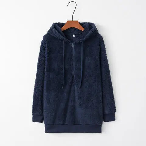 Full Size Quarter-Zip Drawstring Teddy Hoodie Trandify deal