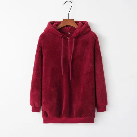 Full Size Quarter-Zip Drawstring Teddy Hoodie Trandify deal