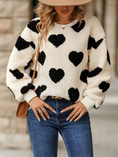 Fuzzy Heart Dropped Shoulder Sweatshirt Trandify deal