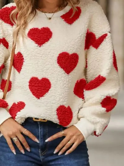 Fuzzy Heart Dropped Shoulder Sweatshirt Trandify deal