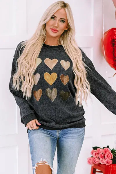 Heart Round Neck Dropped Shoulder Sweatshirt - Trandify Deal