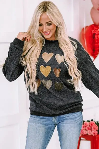 Heart Round Neck Dropped Shoulder Sweatshirt - Trandify Deal