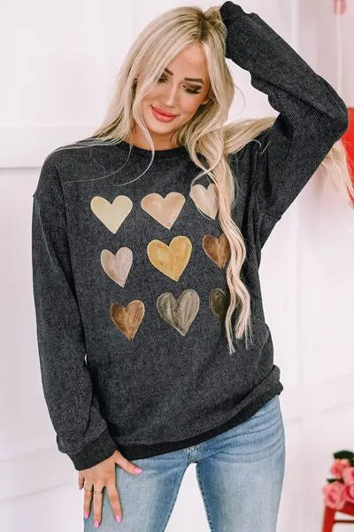 Heart Round Neck Dropped Shoulder Sweatshirt - Trandify Deal