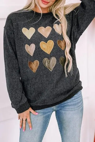 Heart Round Neck Dropped Shoulder Sweatshirt - Trandify Deal