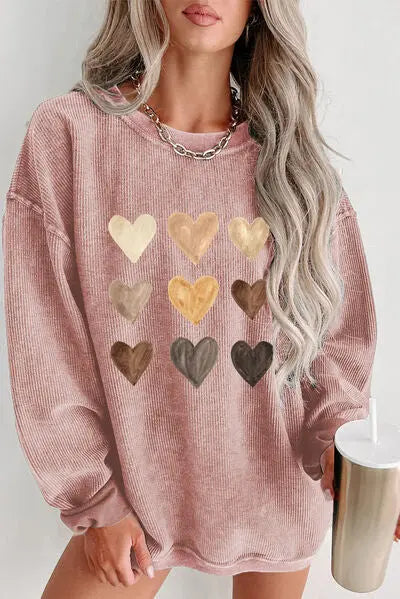 Heart Round Neck Dropped Shoulder Sweatshirt - Trandify Deal