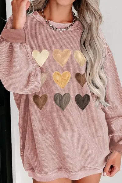 Heart Round Neck Dropped Shoulder Sweatshirt - Trandify Deal