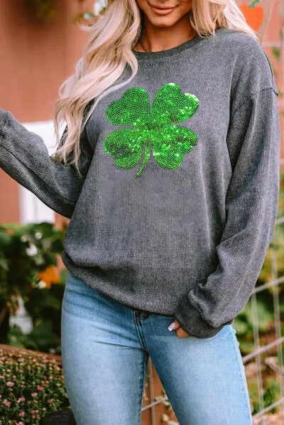 Lucky Clover Sequin Round Neck Sweatshirt - Trandify Deal