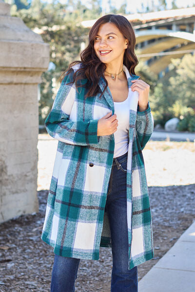 Double Take Full Size Plaid Button Up Lapel Collar Coat Trandify deal