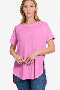 Zenana Slit Round Neck Short Sleeve Waffle Top Trandify deal