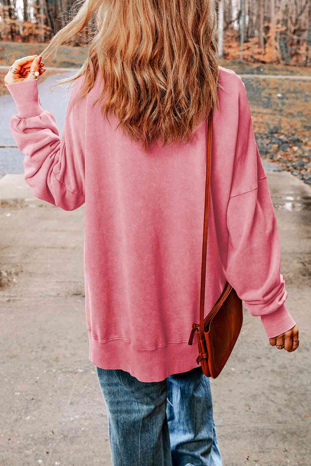 Dropped Shoulder Round Neck Long Sleeve Blouse Trandify deal