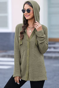 Waffle-Knit Button Up Drawstring Hoodie Trandify deal