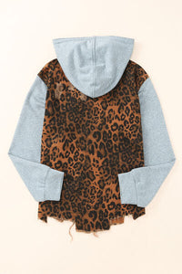Leopard Distressed Drawstring Hooded Denim Jacket Trandify deal