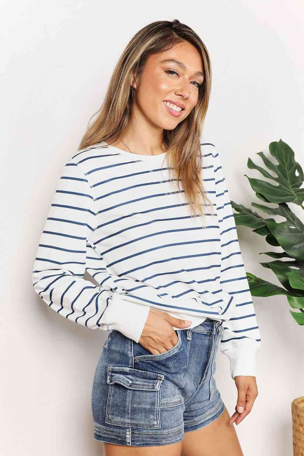 Double Take Striped Long Sleeve Round Neck Top Trandify deal