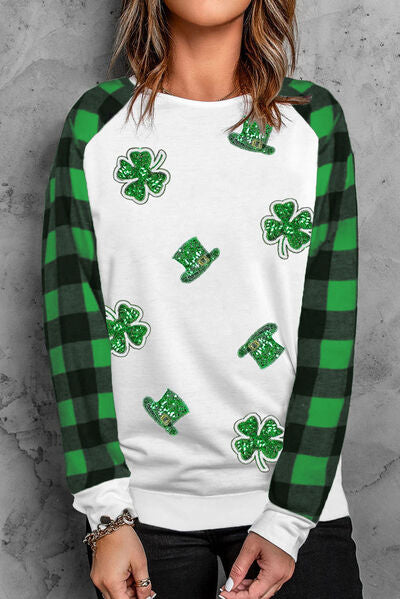 Lucky Clover Sequin Round Neck Sweatshirt Trandify deal
