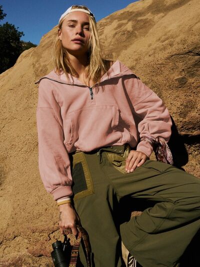 Half Zip Pocketed Dropped Shoulder Hoodie Trandify deal