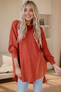 Contrast Texture Round Neck Long Sleeve Blouse Trandify deal