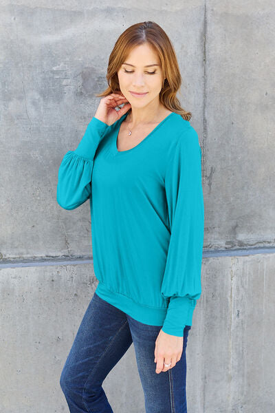 Basic Bae Full Size V-Neck Lantern Sleeve Blouse Trandify deal