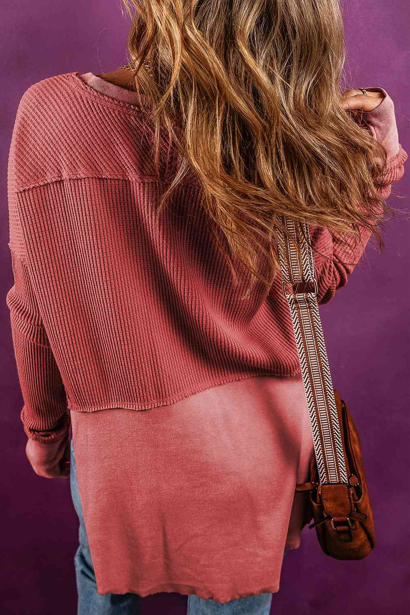 Notched Neck Long Sleeve Slit Blouse Trandify deal