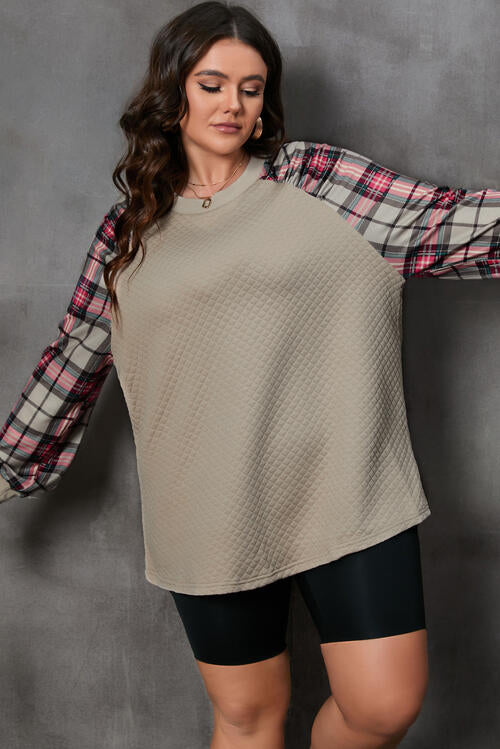 Plus Size Plaid Round Neck Long Sleeve Sweatshirt - Trandify Deal