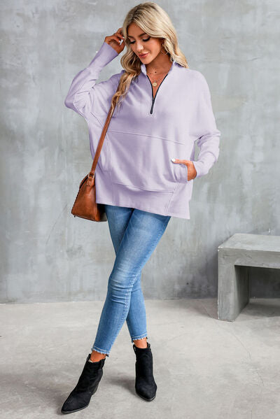 Half Zip Pocketed Dropped Shoulder Sweatshirt Trandify deal