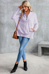 Half Zip Pocketed Dropped Shoulder Sweatshirt Trandify deal