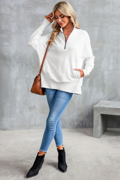 Half Zip Pocketed Dropped Shoulder Sweatshirt Trandify deal