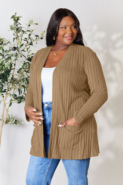 Basic Bae Full Size Ribbed Open Front Cardigan with Pockets Trandify deal