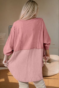Contrast Texture Round Neck Long Sleeve Blouse Trandify deal