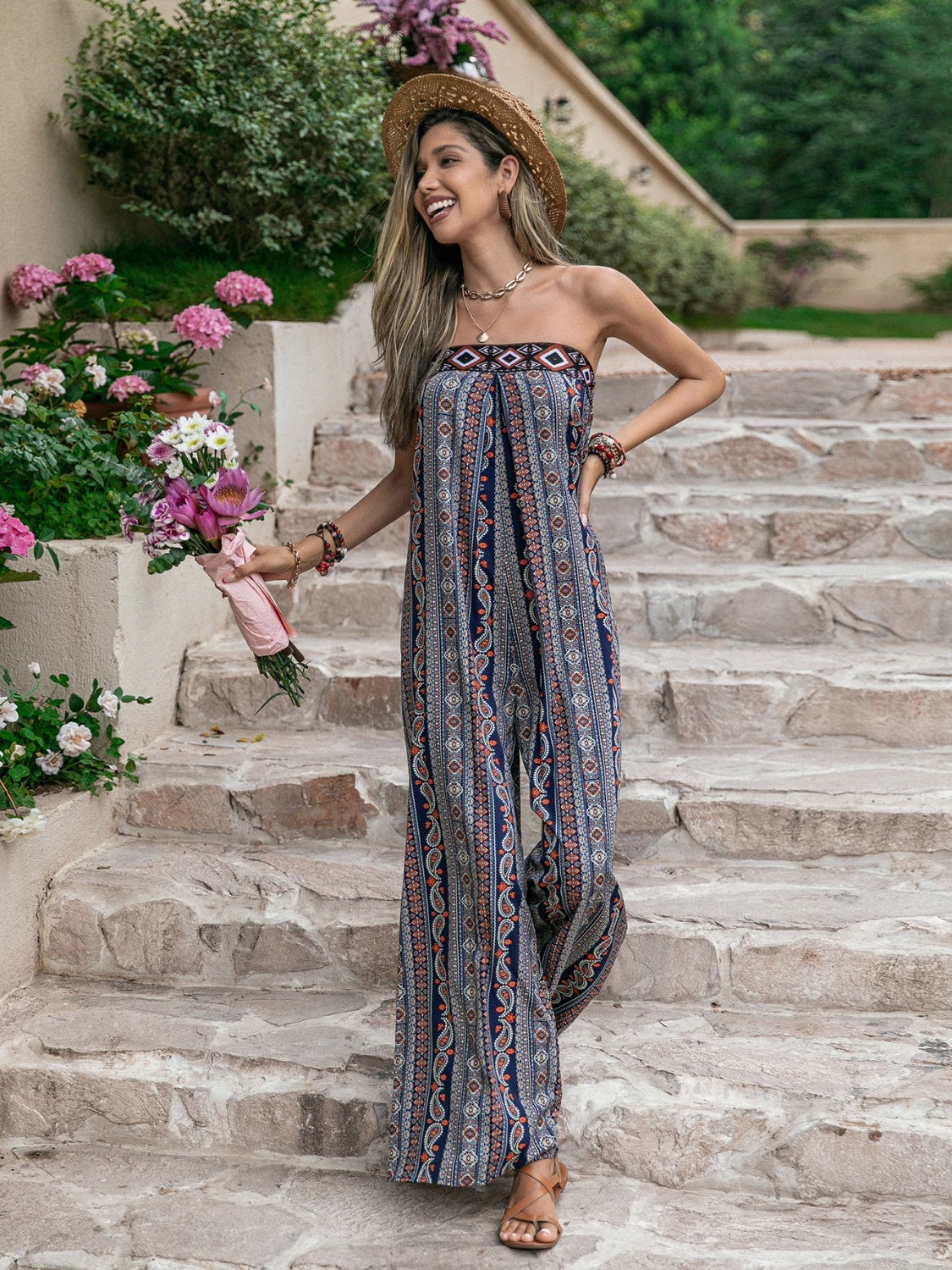 Tied Printed Tube Wide Leg Jumpsuit Trandify deal