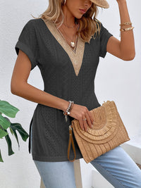 Slit Eyelet V-Neck Short Sleeve Blouse Trandify deal