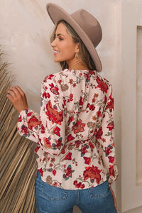 Floral V-Neck Drawstring Peplum Blouse Trandify deal