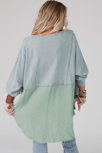 Contrast Texture Round Neck Long Sleeve Blouse Trandify deal