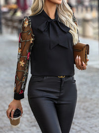 Printed Tie Neck Long Sleeve Blouse Trandify deal