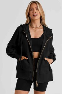Zip Up Long Sleeve Drawstring Hoodie Trandify deal