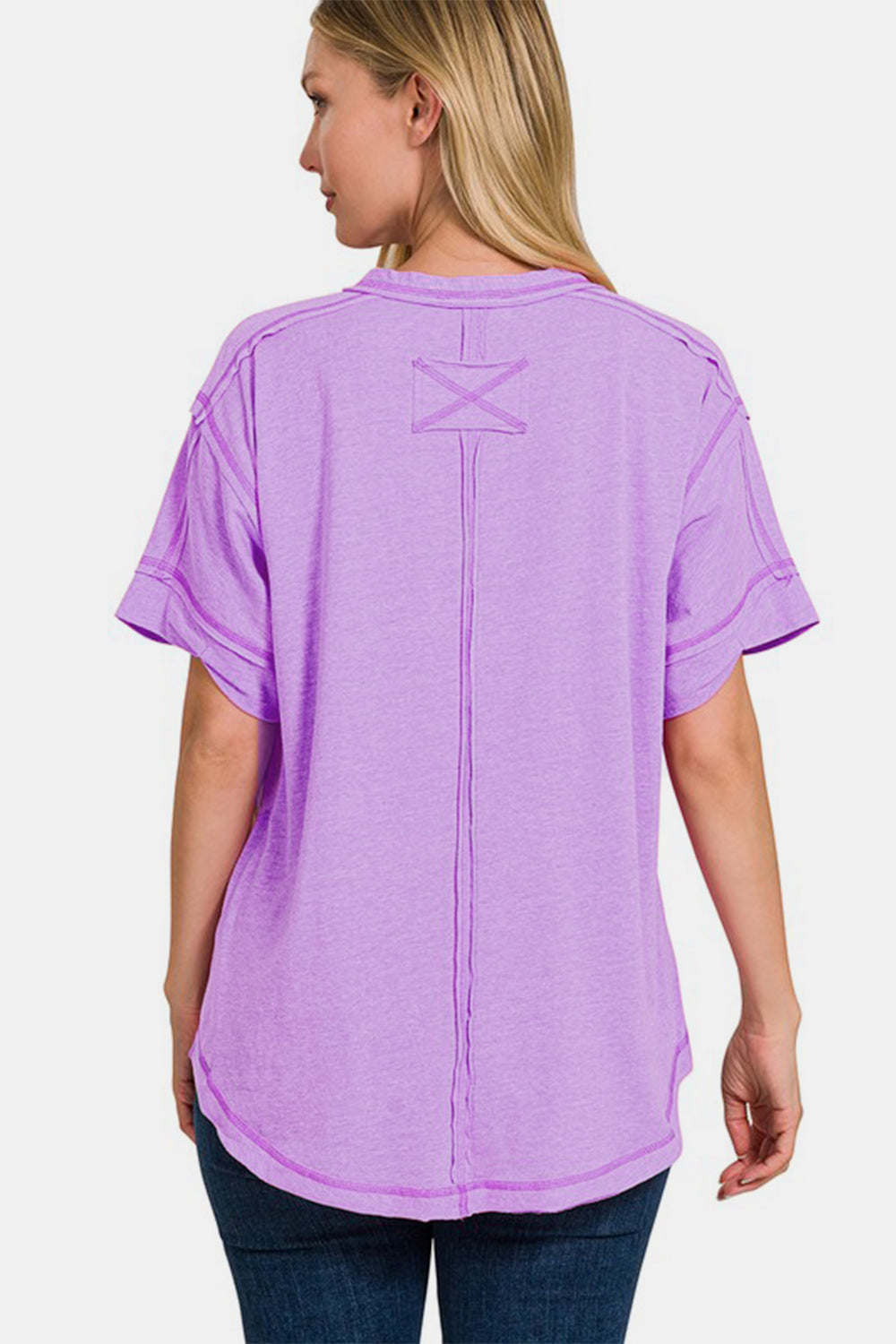 Zenana Exposed Seam Half Button Short Sleeve Top Trandify deal