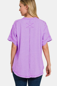 Zenana Exposed Seam Half Button Short Sleeve Top Trandify deal