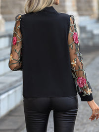 Printed Tie Neck Long Sleeve Blouse Trandify deal