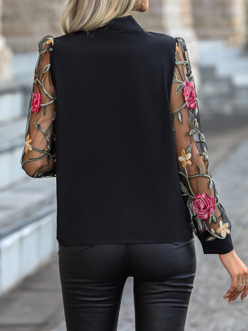 Printed Tie Neck Long Sleeve Blouse Trandify deal
