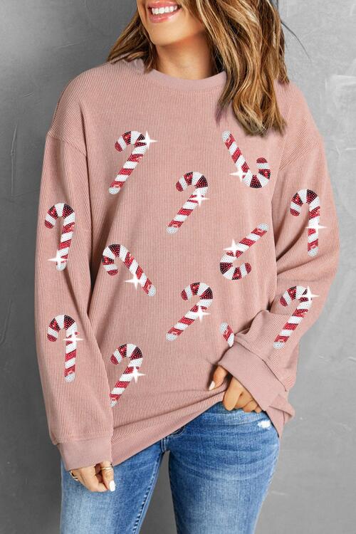 Sequin Candy Cane Round Neck Sweatshirt - Trandify Deal