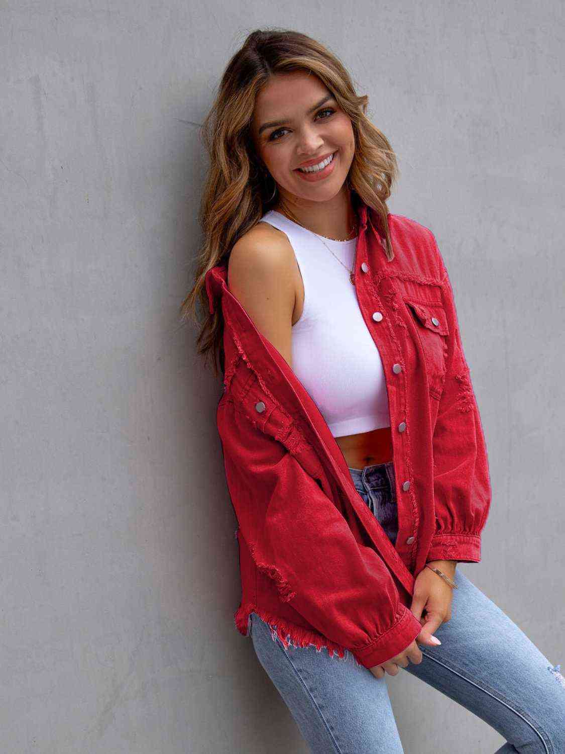 Distressed Drop Shoulder Denim Jacket - Trandify Deal