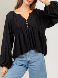 Notched Balloon Sleeve Peplum Blouse Trandify deal