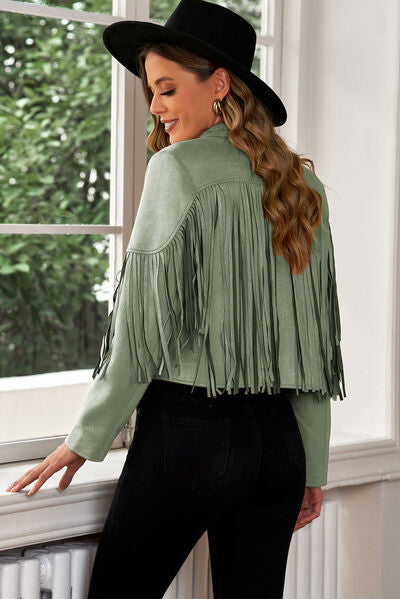 Fringe Trim Lapel Collar Cropped Blazer - Trandify Deal