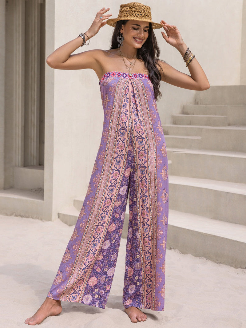 Tied Printed Tube Top Wide Leg Jumpsuit for Women – Trendy Summer Outfit