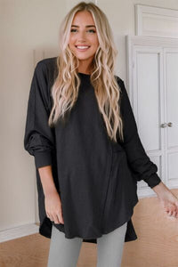 Contrast Texture Round Neck Long Sleeve Blouse Trandify deal