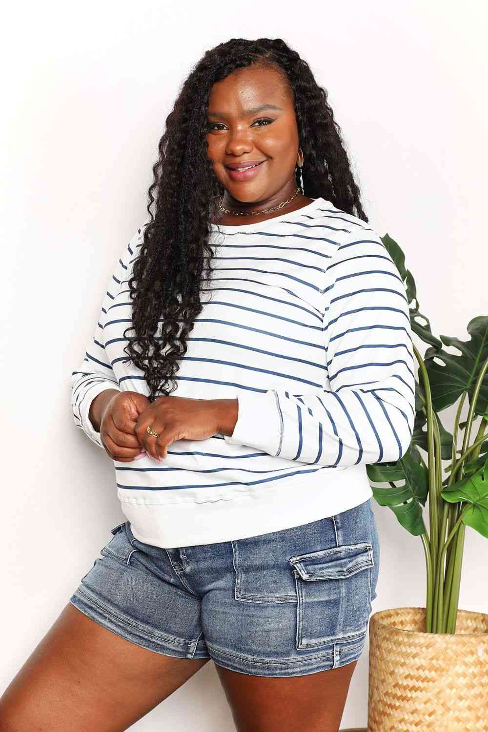 Double Take Striped Long Sleeve Round Neck Top Trandify deal