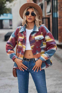 Printed Collared Neck Jacket Trandify deal