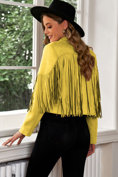 Fringe Trim Lapel Collar Cropped Blazer - Trandify Deal