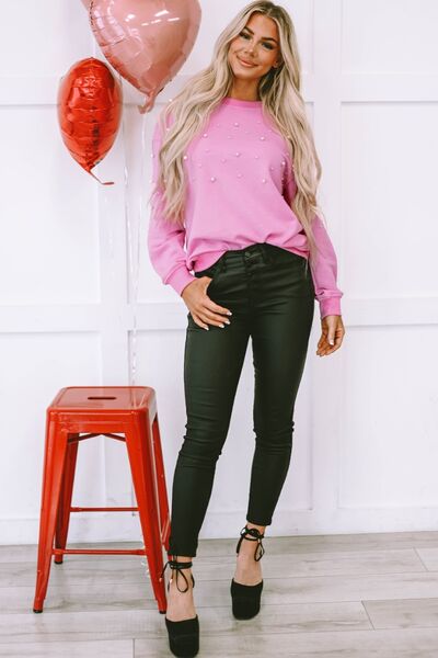 Pearl Round Neck Dropped Shoulder Sweatshirt Trandify deal